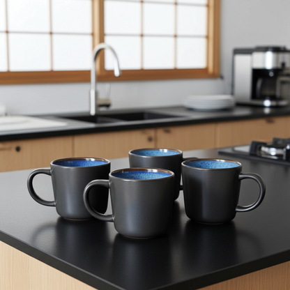 Four black mugs with blue interior on a kitchen counter.