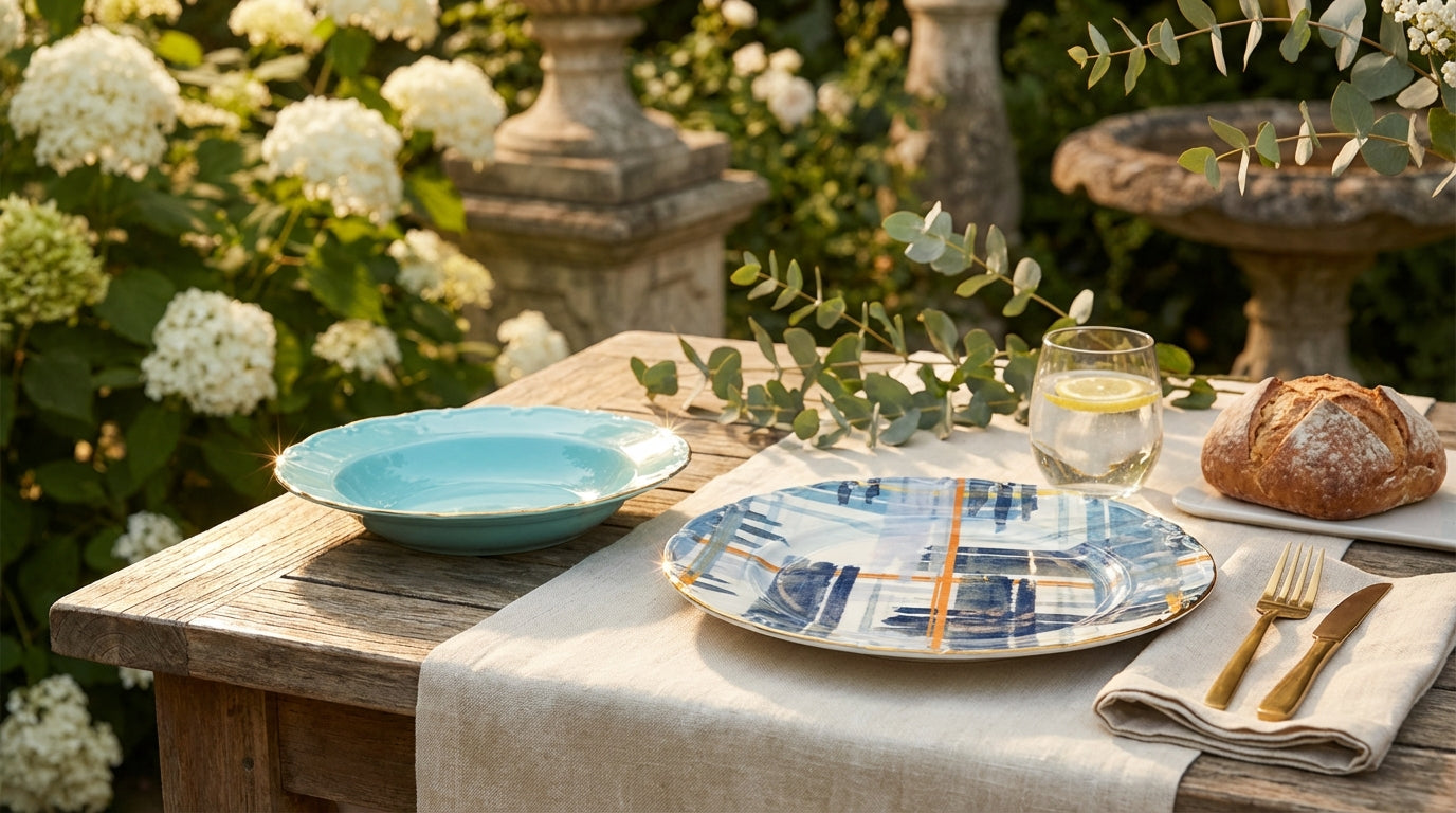 Outdoor table setting with plates, bread, and glasses on a wooden table surrounded by flowers and greenery.