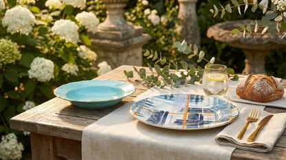 Outdoor table setting with plates, bread, and glasses on a wooden table surrounded by flowers and greenery.