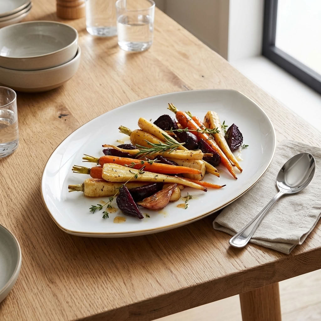 An oval white ceramic serving platter with a gold rim, styled on a wooden dining table with roasted carrots, beets, and herbs, alongside a spoon and stacked bowls.