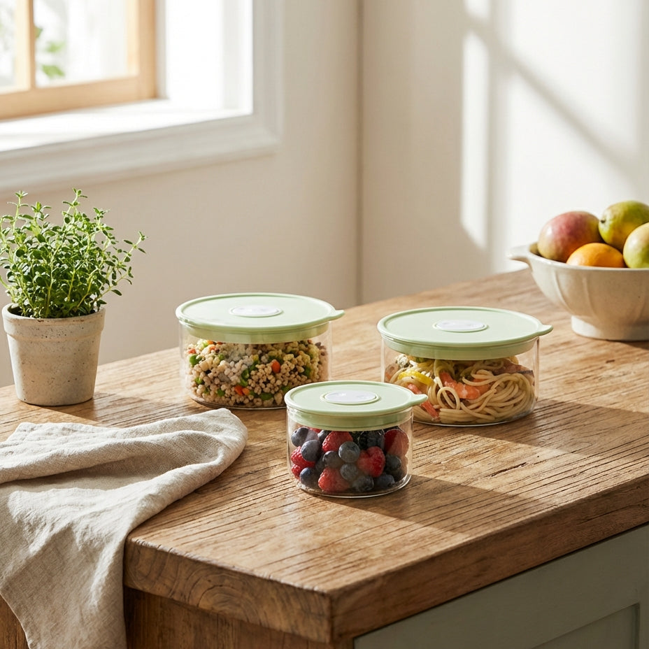 Set of food storage containers on a wooden kitchen counter with a window in the background.