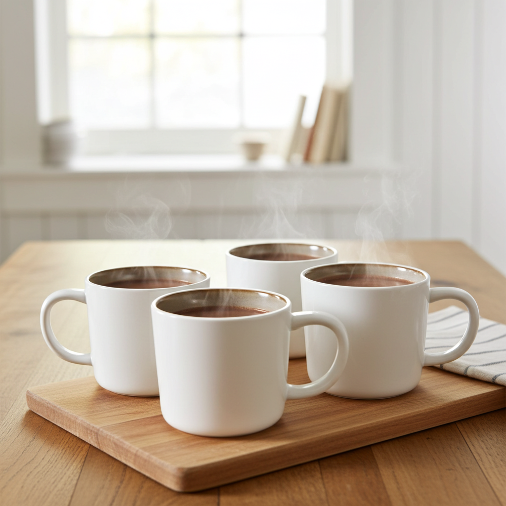 Four white mugs filled with hot liquid on a wooden tray in a bright room.