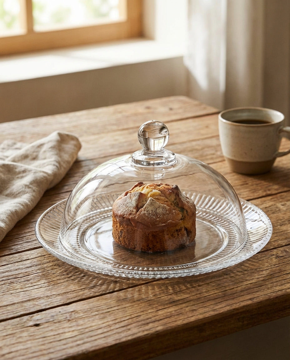 Baked good under a glass dome on a wooden table with a cup of coffee in the background.