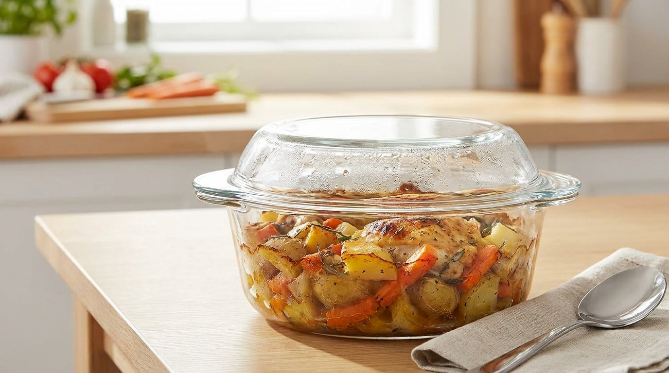 Glass casserole dish with a cooked dish on a kitchen counter