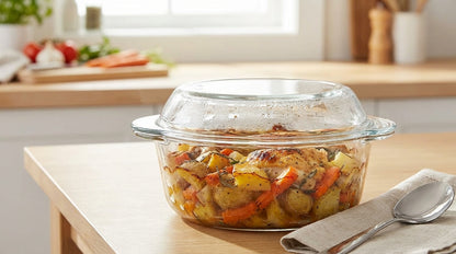 Glass casserole dish with a cooked dish on a kitchen counter