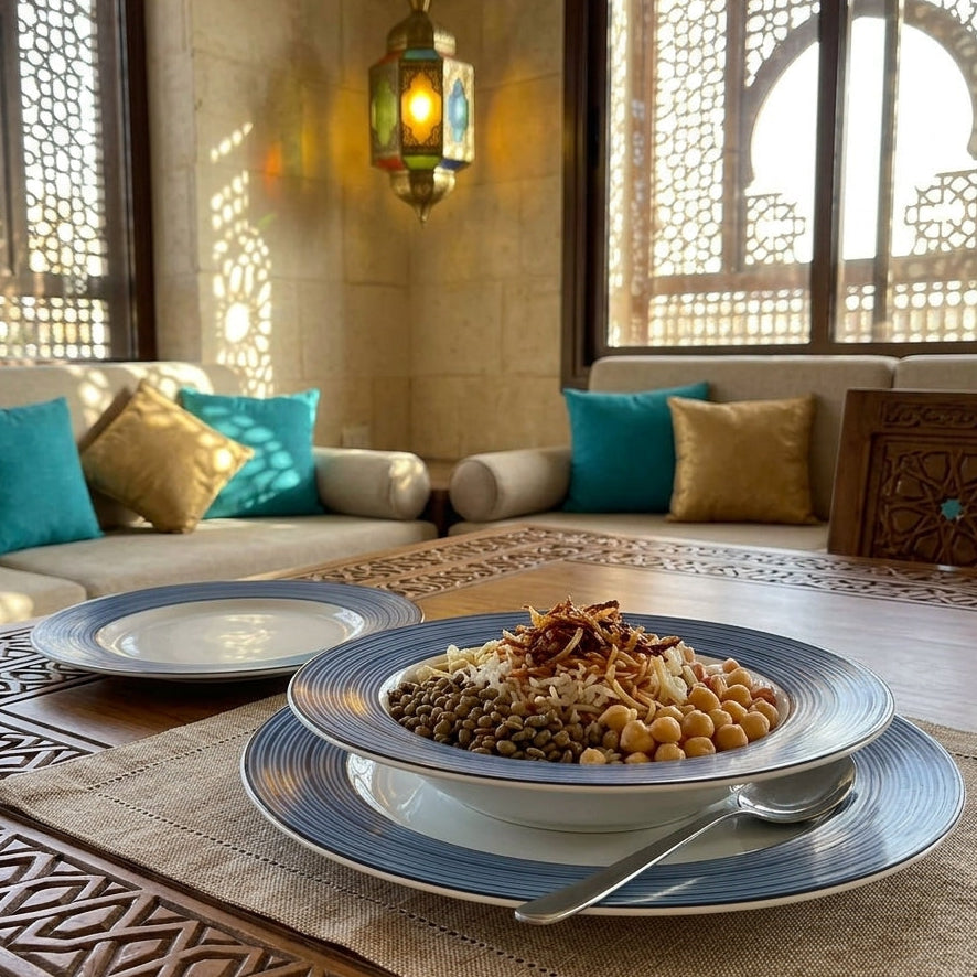 Dining table with a bowl of food in a decorated room with patterned windows and lanterns.