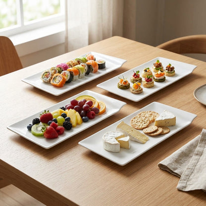 Dessert platters with fruits, sushi, and cheese on a wooden table.