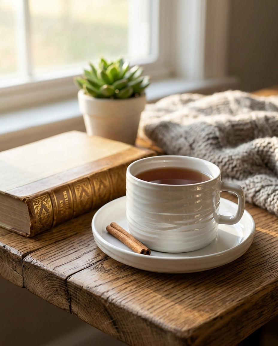A white textured ceramic cup filled with tea sits on a matching saucer on a rustic wooden table, with a cinnamon stick resting beside it. A vintage book, a small potted succulent, and a knitted blanket are arranged nearby in a warm, sunlit interior setting.