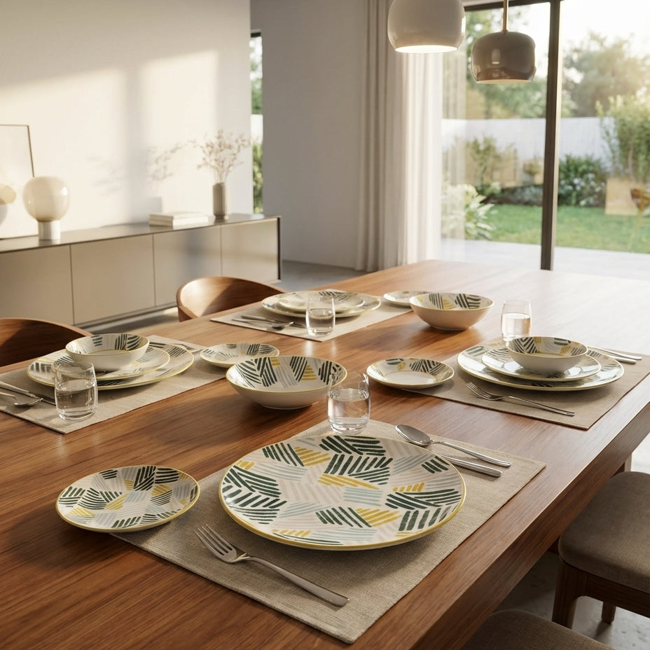 Dining table set with plates, glasses, and cutlery in a modern kitchen.