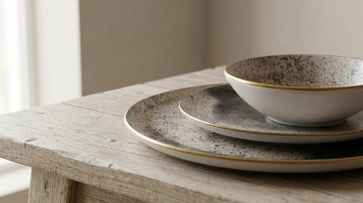 Speckled ceramic bowls and plates on a wooden table with a neutral background