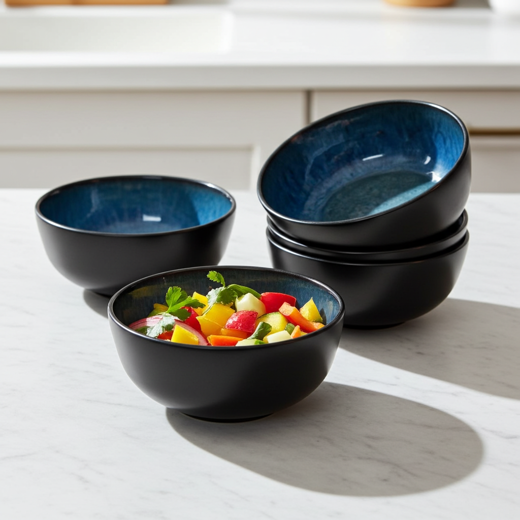 Set of black and blue ceramic bowls on a light surface with one bowl containing salad.