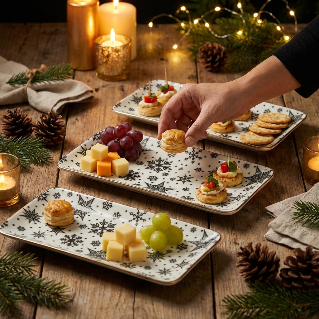 Dessert platter with pastries, fruits, and cookies on a wooden table with candles and Christmas decorations.