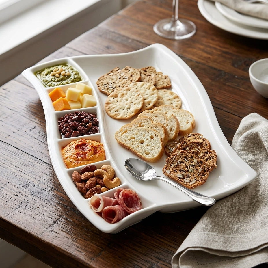A white ceramic charcuterie board with six compartments, filled with crackers, cheese, nuts, and cured meats, set on a rustic wooden dining table next to a wine glass and a folded napkin.
