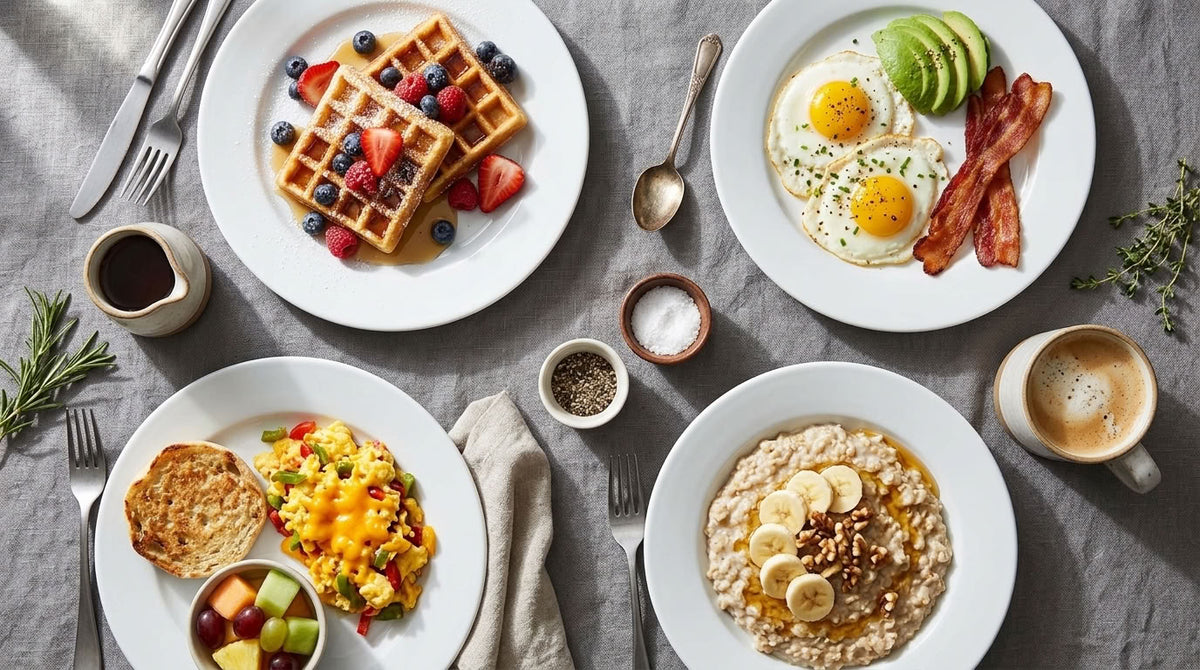 A styled breakfast table setting with multiple white plates of food on a gray fabric surface. Visible items include waffles topped with berries, fried eggs with bacon and avocado, a breakfast plate with toast and fruit, and oatmeal with banana slices.