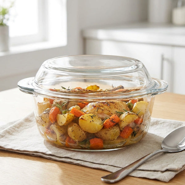Glass casserole dish with roasted vegetables on a kitchen counter