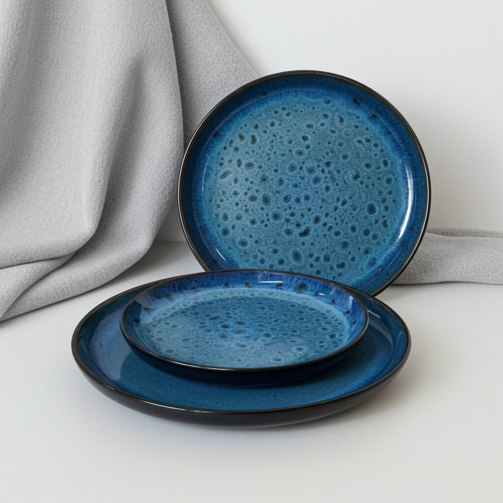 Set of blue ceramic plates with textured surface on a light gray background