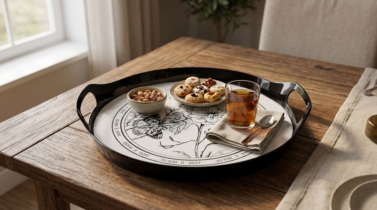 Black floral serving tray – outdoor table setting