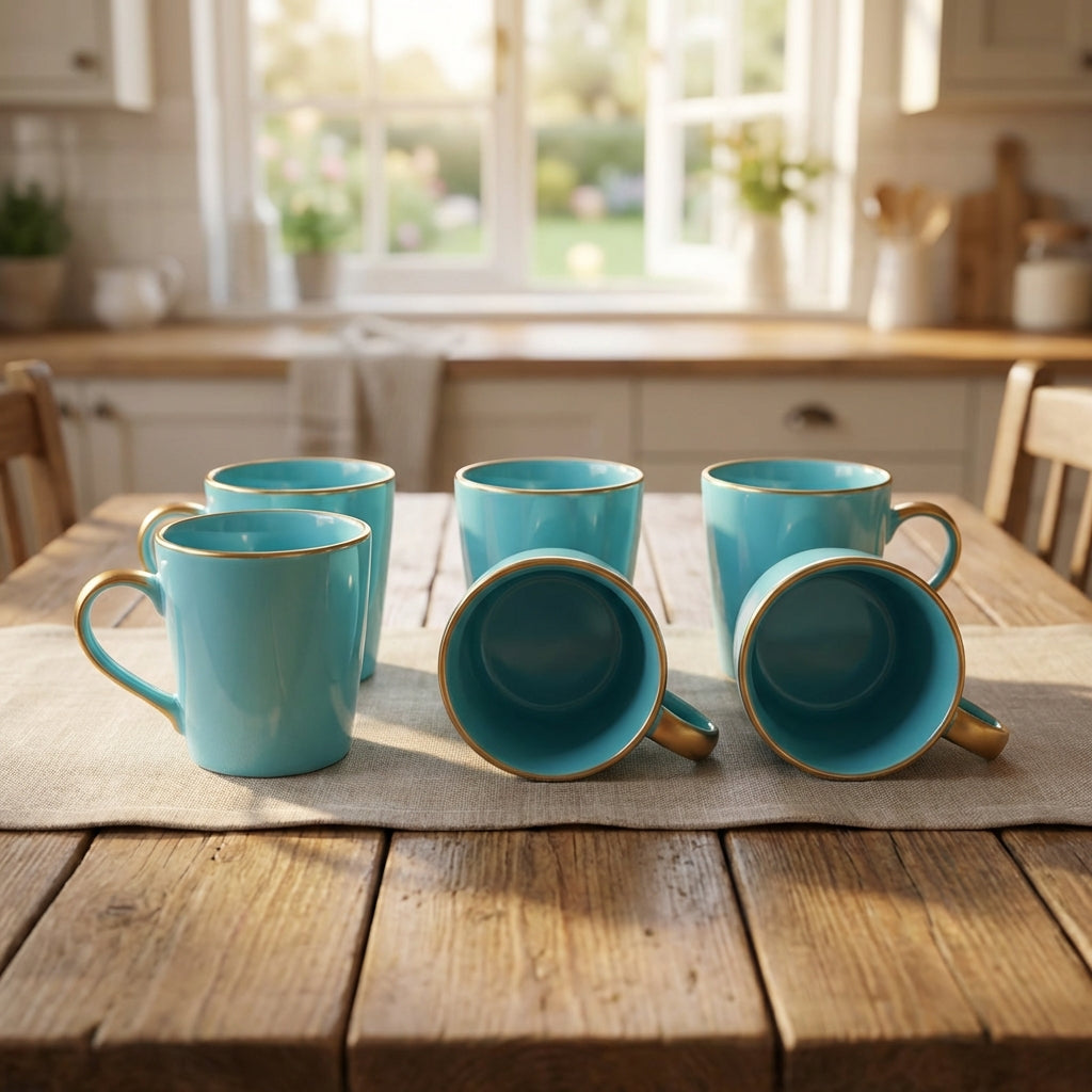 Set of blue mugs on a wooden table with a kitchen background