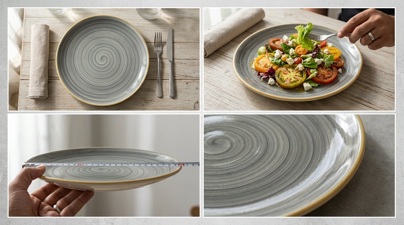 A four-panel collage showing a round ceramic plate from multiple angles. The plate has a gray and white spiral pattern with a gold rim.