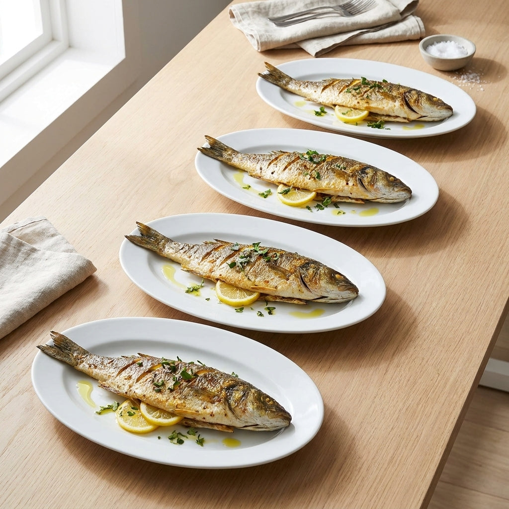 Four plates of grilled fish with lemon slices on a wooden table.