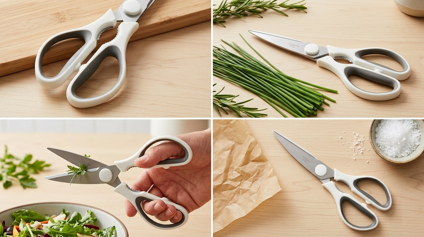 Four-panel collage showing kitchen shears/scissors in use and resting on a light wood surface, with herbs, a salad bowl, crumpled paper, and a small bowl of salt. A hand is visible in one panel, so this is Lifestyle rather than Product/Packaging.