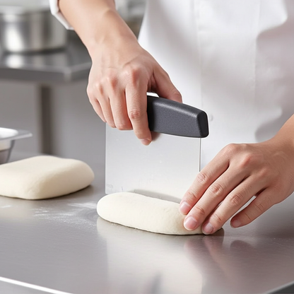 Person cutting dough with a bench scraper on a kitchen counter.