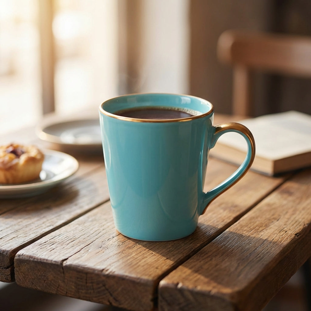 Turquoise mug with coffee on a wooden table with a blurred background