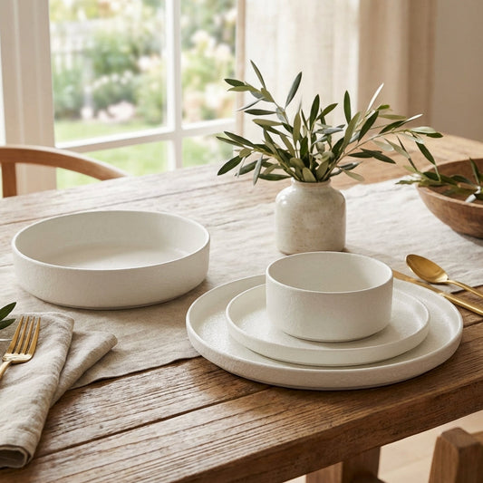 White ceramic dishes on a wooden table with a vase of greenery.