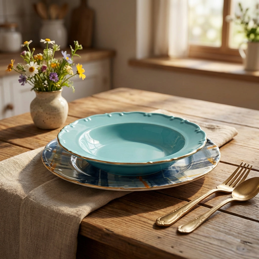 Teal ceramic plates on a wooden table with gold cutlery and flowers in the background