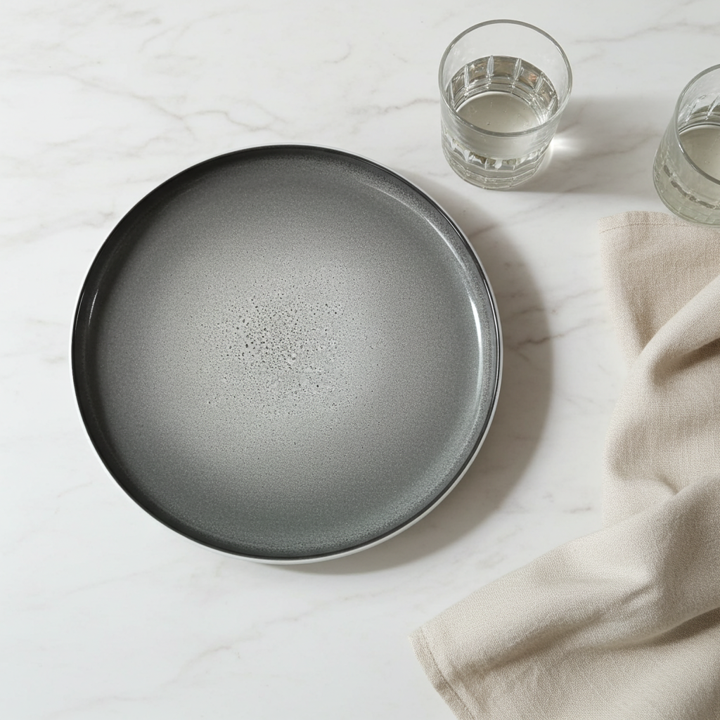 Gray ceramic plate on a light marble surface with a glass of water and a beige napkin.