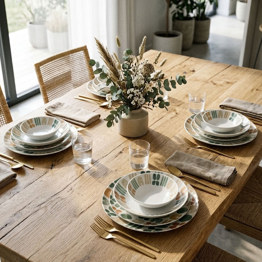 A rustic wooden dining table set with white ceramic bowls, patterned plates, gold-toned cutlery, and neutral linen napkins, with a vase of dried botanicals in the center. The scene is photographed in a bright, modern dining room with woven chairs and large windows.