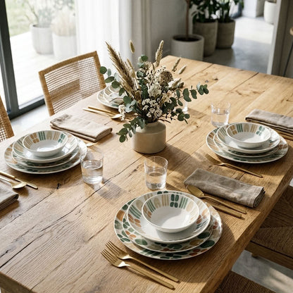 A rustic wooden dining table set with white ceramic bowls, patterned plates, gold-toned cutlery, and neutral linen napkins, with a vase of dried botanicals in the center. The scene is photographed in a bright, modern dining room with woven chairs and large windows.