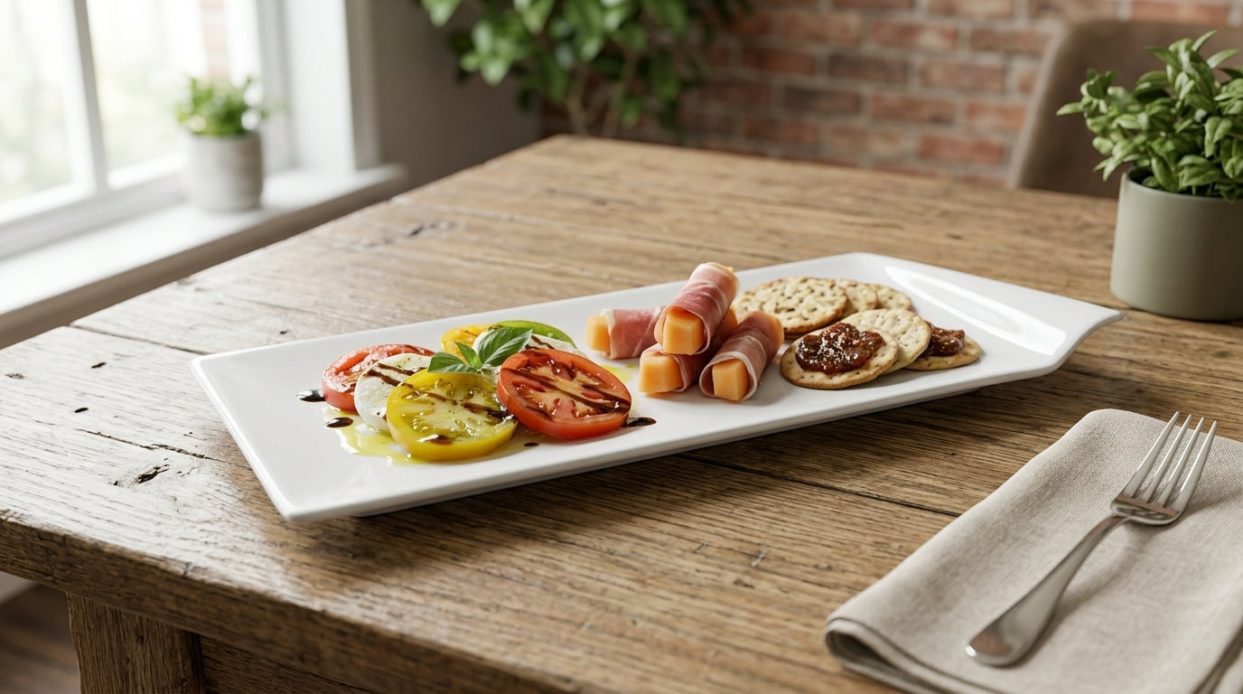 Plated dish of food on a wooden table with a window and plants in the background