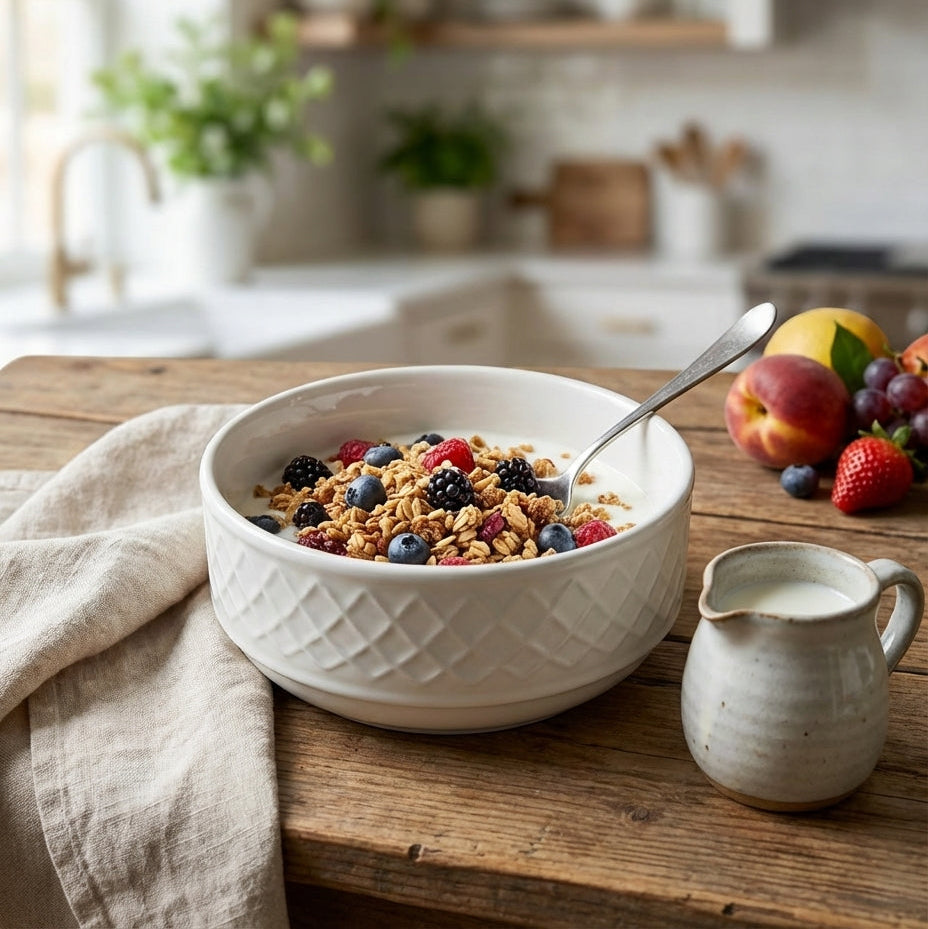 White bowl of cereal with berries on a wooden table in a kitchen setting