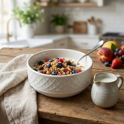 White bowl of cereal with berries on a wooden table in a kitchen setting