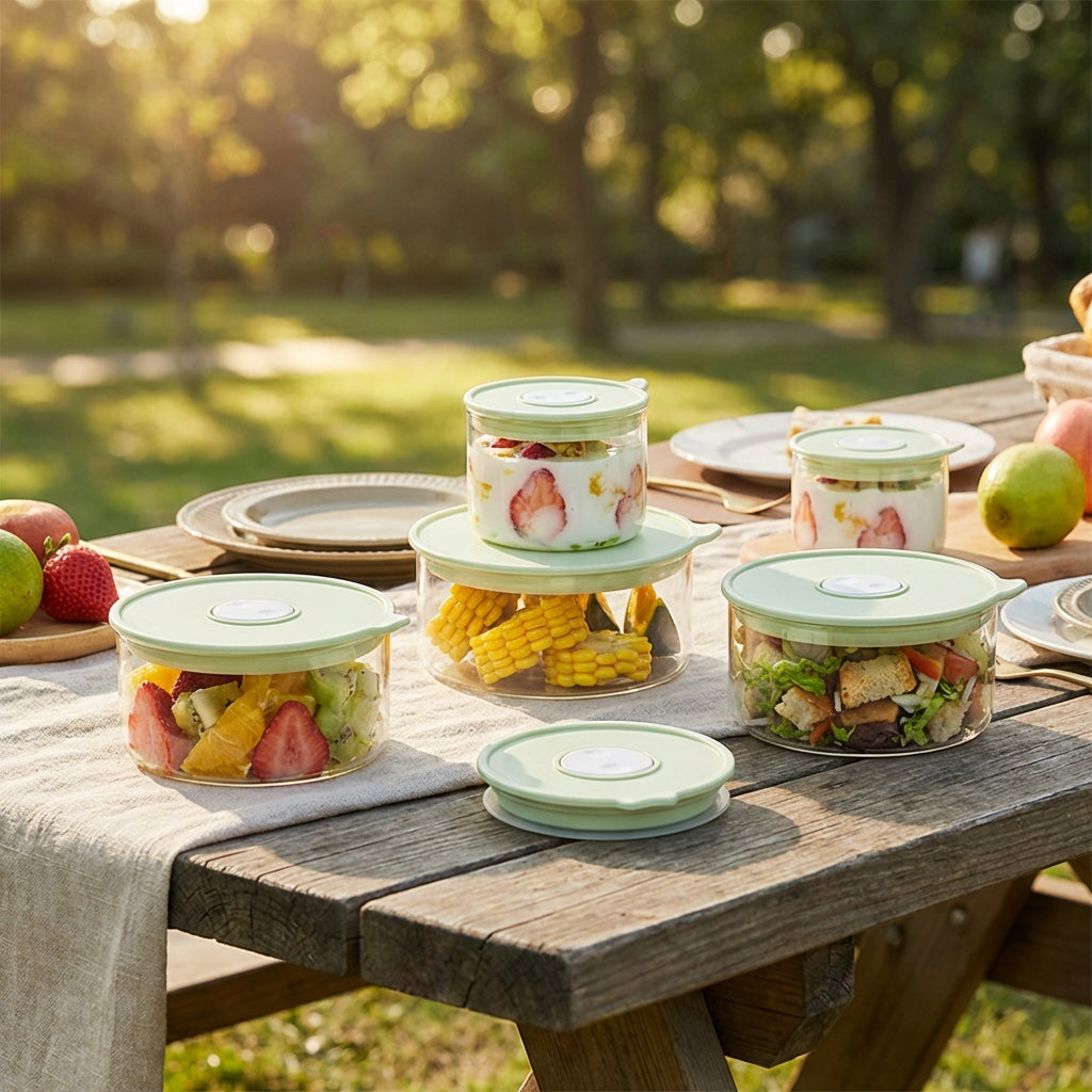 Containers with food on a wooden table outdoors
