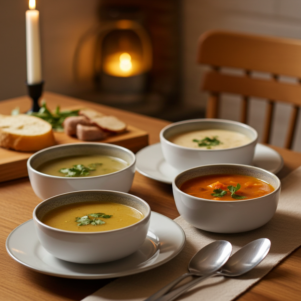 Four bowls of soup on a wooden table with bread and spoons, warm lighting.