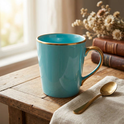 Turquoise mug with gold rim and handle on a wooden table with a spoon and books in the background.