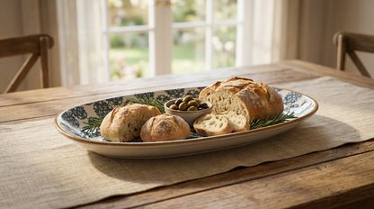 Platter of bread and olives on a wooden table with a window in the background
