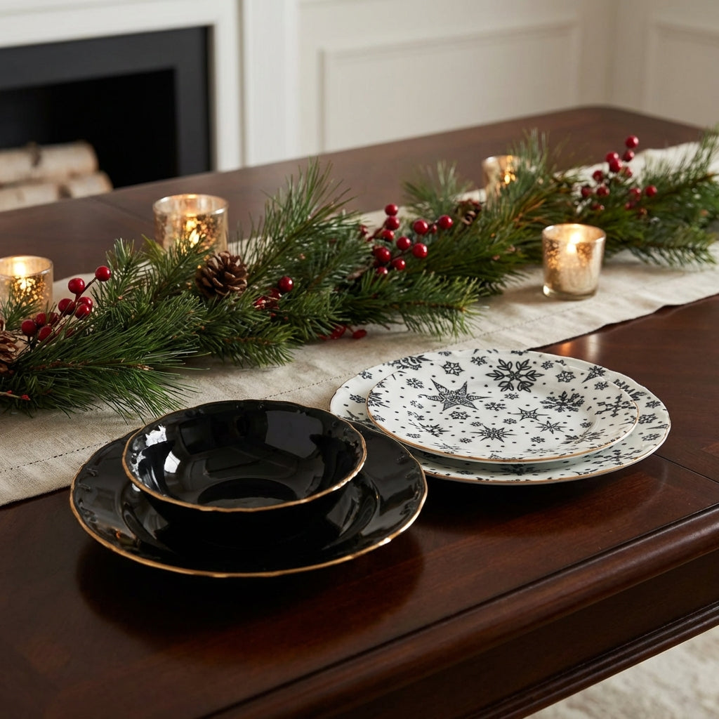 Dining table set with black and white plates, candles, and a Christmas garland.