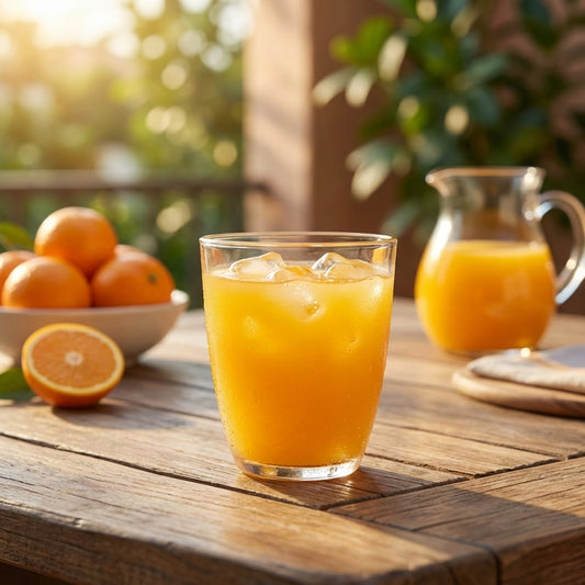Glass of orange juice with a pitcher on a wooden table outdoors.