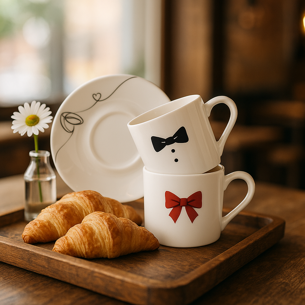 Two white mugs with bow tie designs on a wooden tray with croissants and a vase of flowers.