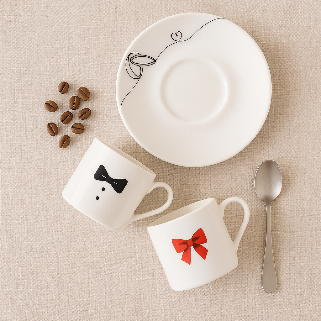 Two white mugs with decorative bows, a plate, and coffee beans on a beige surface.