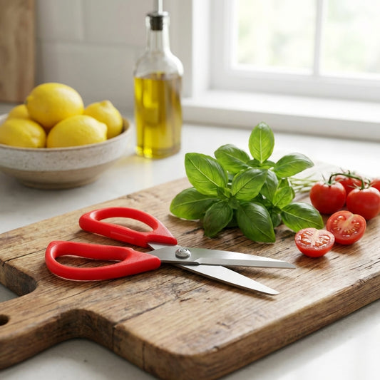 Red scissors on a wooden cutting board with basil, tomatoes, and lemons in the background.