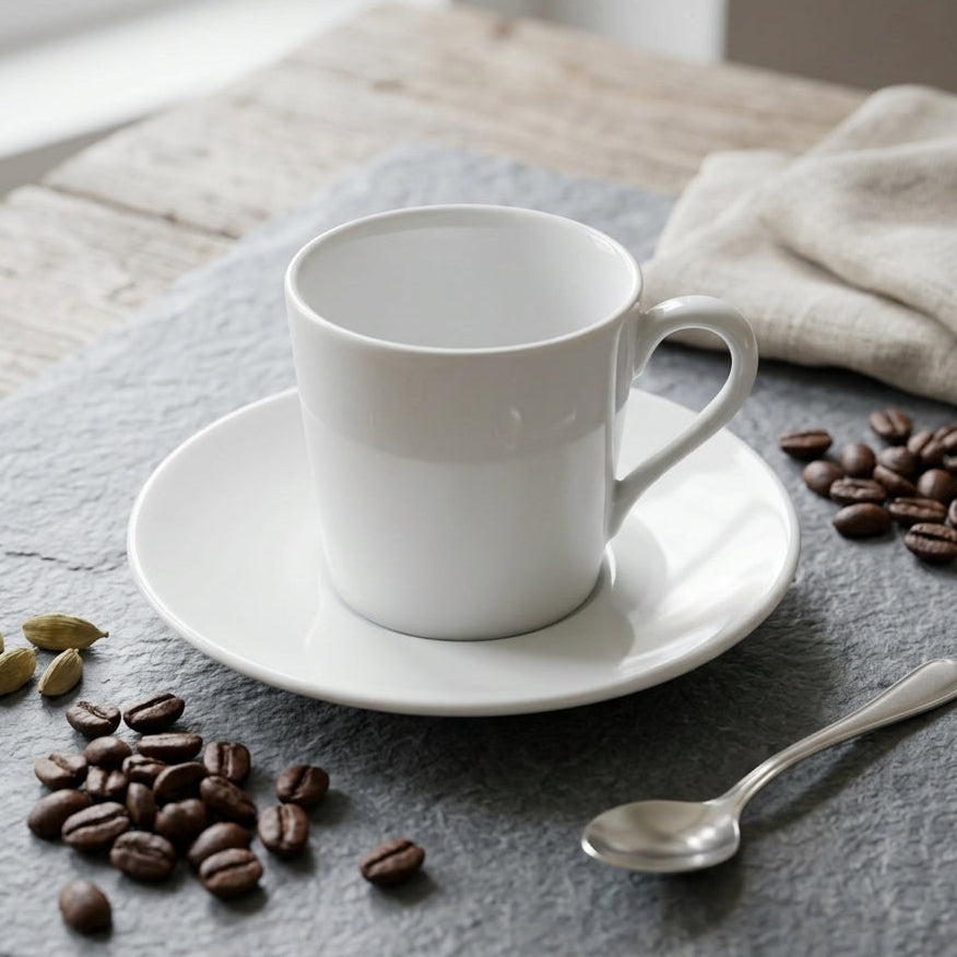 White coffee cup on a saucer with coffee beans and a spoon on a gray surface.