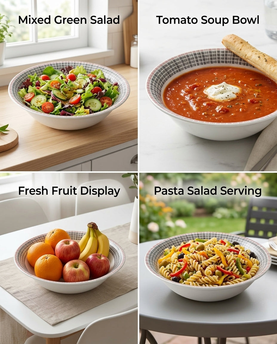 Four images showing a mixed green salad, tomato soup, fresh fruit display, and pasta salad.