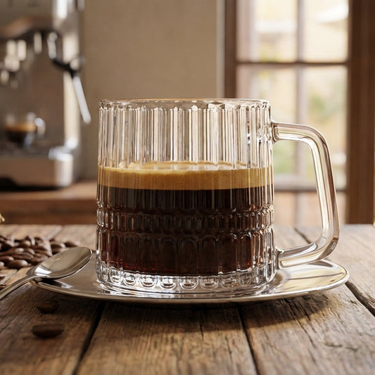 Glass mug with espresso on a wooden table in a coffee shop setting