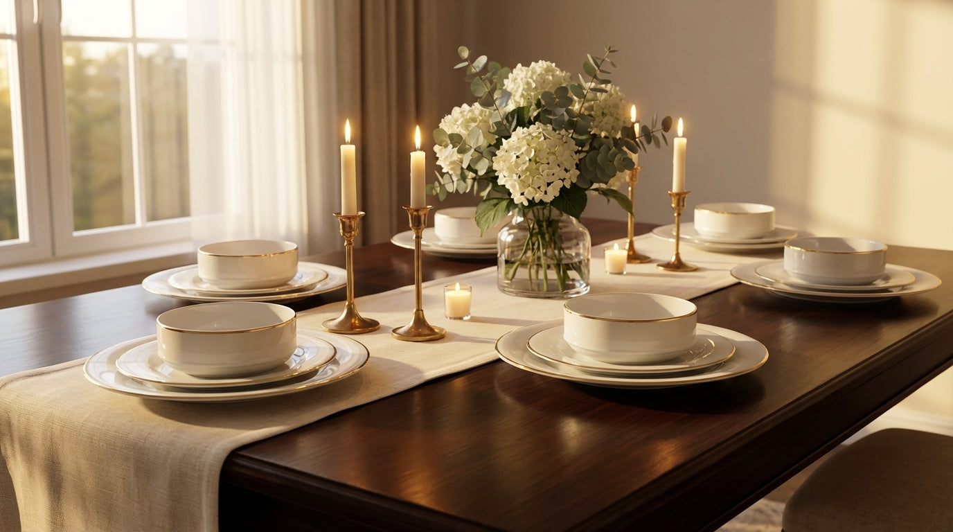 Dining table set with white dishes, candles, and flowers in a bright room.