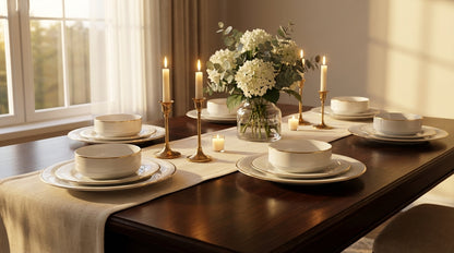 Dining table set with white dishes, candles, and flowers in a bright room.