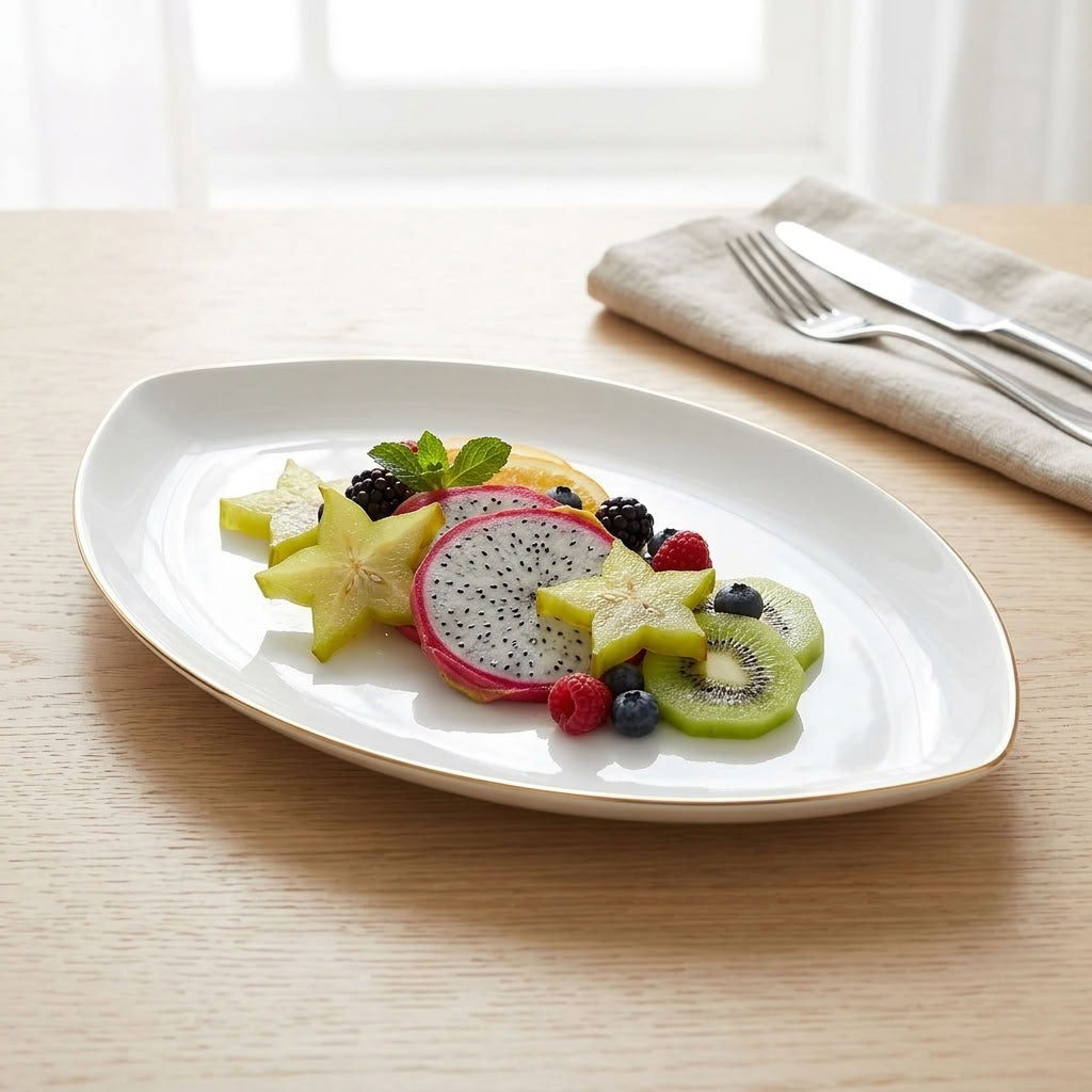 A white oval serving platter with a gold rim, styled with sliced fruit and berries on a light wood table, with a folded napkin and fork in the background.